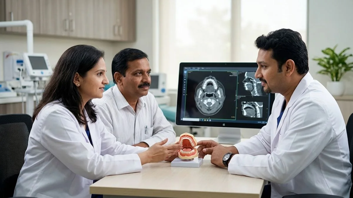 Dr. Pradeep S. and Dr. Kalpa Pandya consulting a patient about buccal mucosa cheek cancer symptoms surgery and recovery