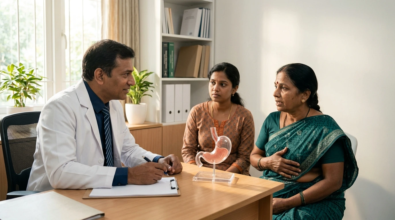 A patient in Chennai describing upper abdominal symptoms to a surgical gastroenterologist, with a family member present for support