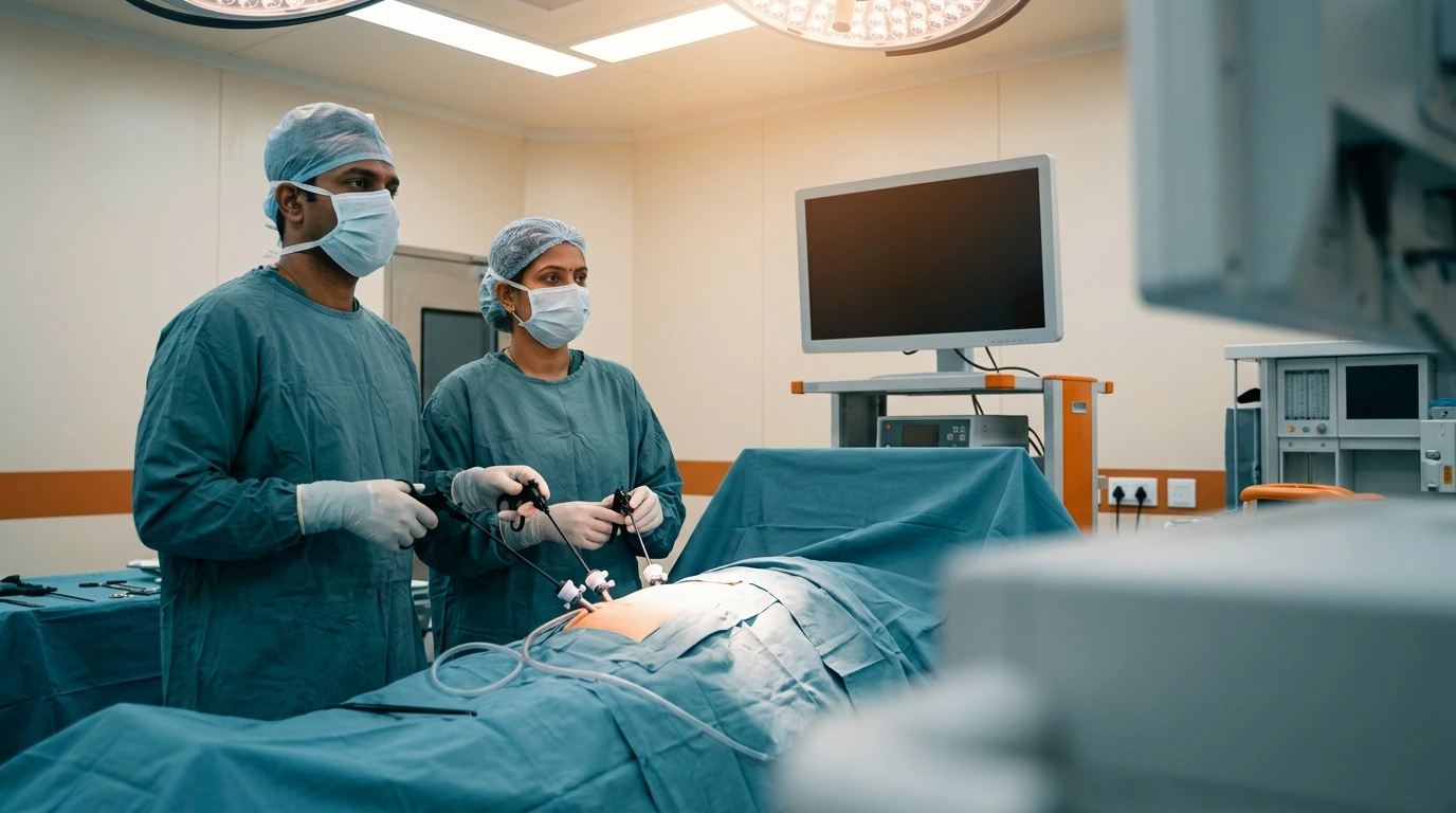 An endoscopy and minimal-access team in a Chennai theatre working with slim instruments, the setting in which therapeutic ERCP and follow-on surgery are performed